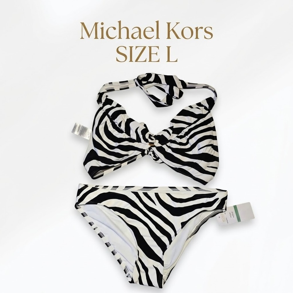 Michael Kors Zebra Print Bikini Set Women Size L Black White Resortwear